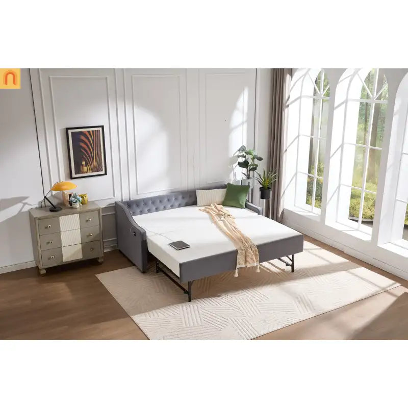Bed Frame Daybed Velvet Gray Twin Trundle USB Port Side Pockets