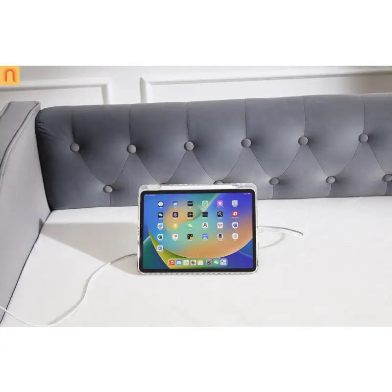 Bed Frame Daybed Velvet Gray Twin Trundle USB Port Side Pockets