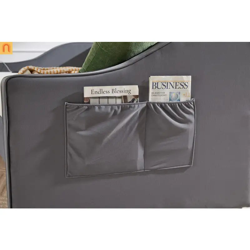 Bed Frame Daybed Velvet Gray Twin Trundle USB Port Side Pockets