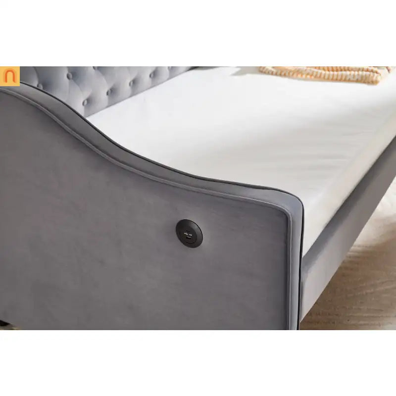 Bed Frame Daybed Velvet Gray Twin Trundle USB Port Side Pockets