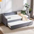 Bed Frame Daybed Velvet Gray Twin Trundle USB Port Side Pockets
