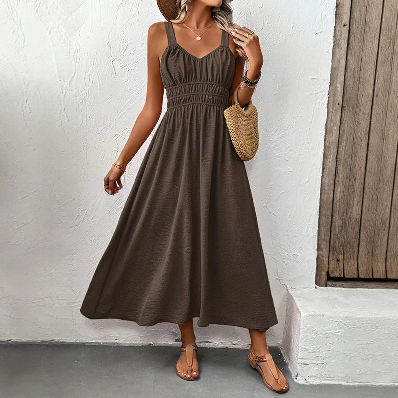 Women Dresses Solid Dress Pleated Camisole V Neck Sleeveless Ankle Length Cinched Empire Waist Casual Loose Fit 2026 Summer