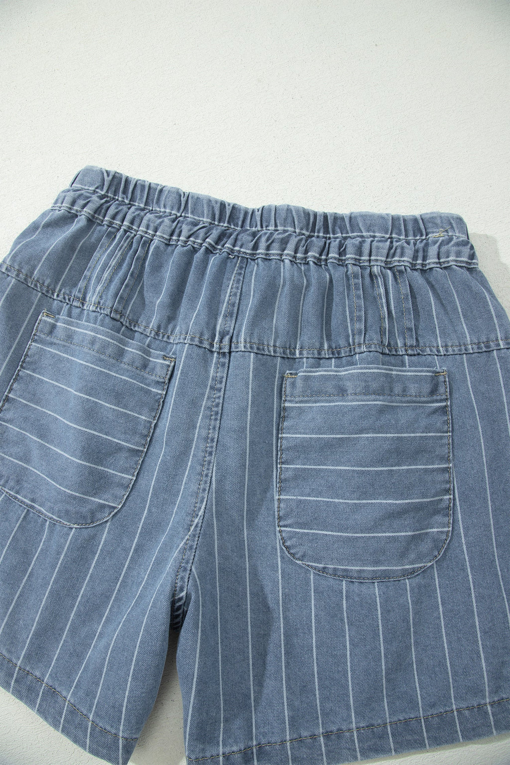Sky Blue Stripe Drawstring Button Pleated High Waist Denim Shorts