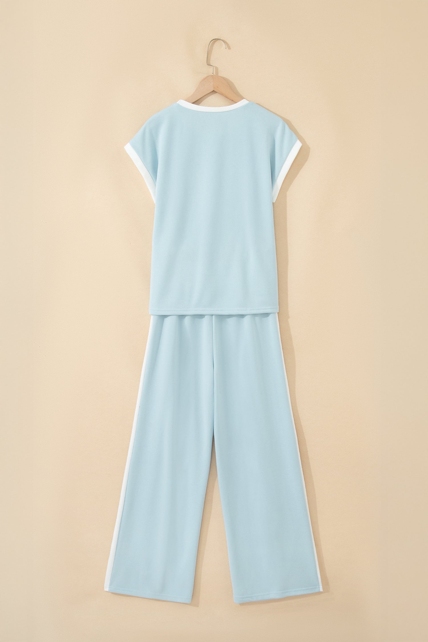Mist Blue Contrast Trim Round Neck Pocketed Boxy Tank Top Wide Leg Pant Set
