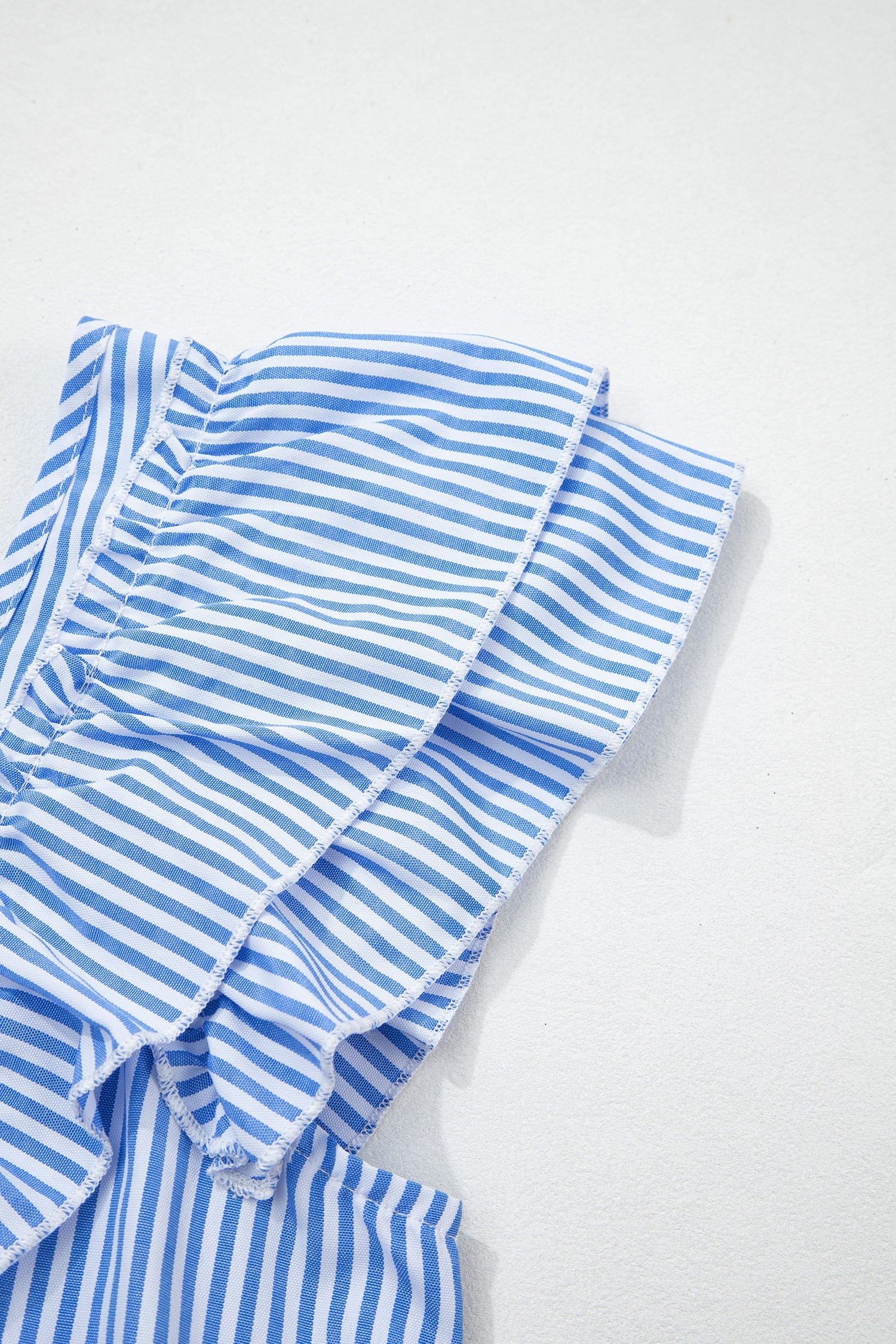 Sky Blue Stripe Square Neck Bow Decor Frilly Ruffled Short Sleeve Blouse