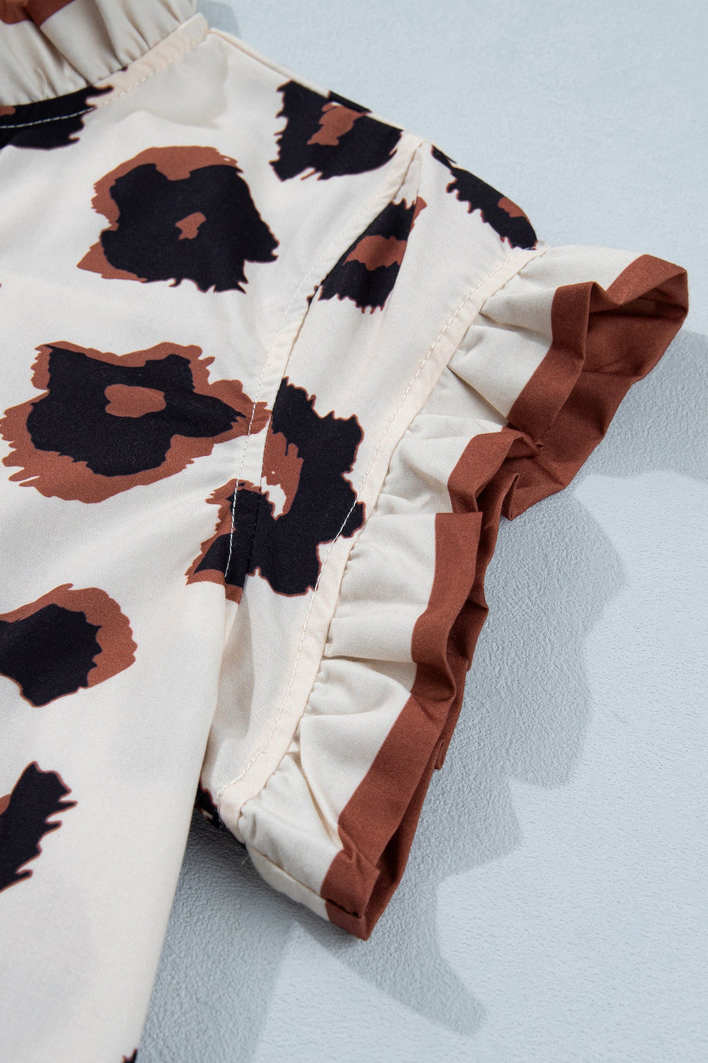 Khaki Leopard Printed Ruffle Sleeve Summer Blouse