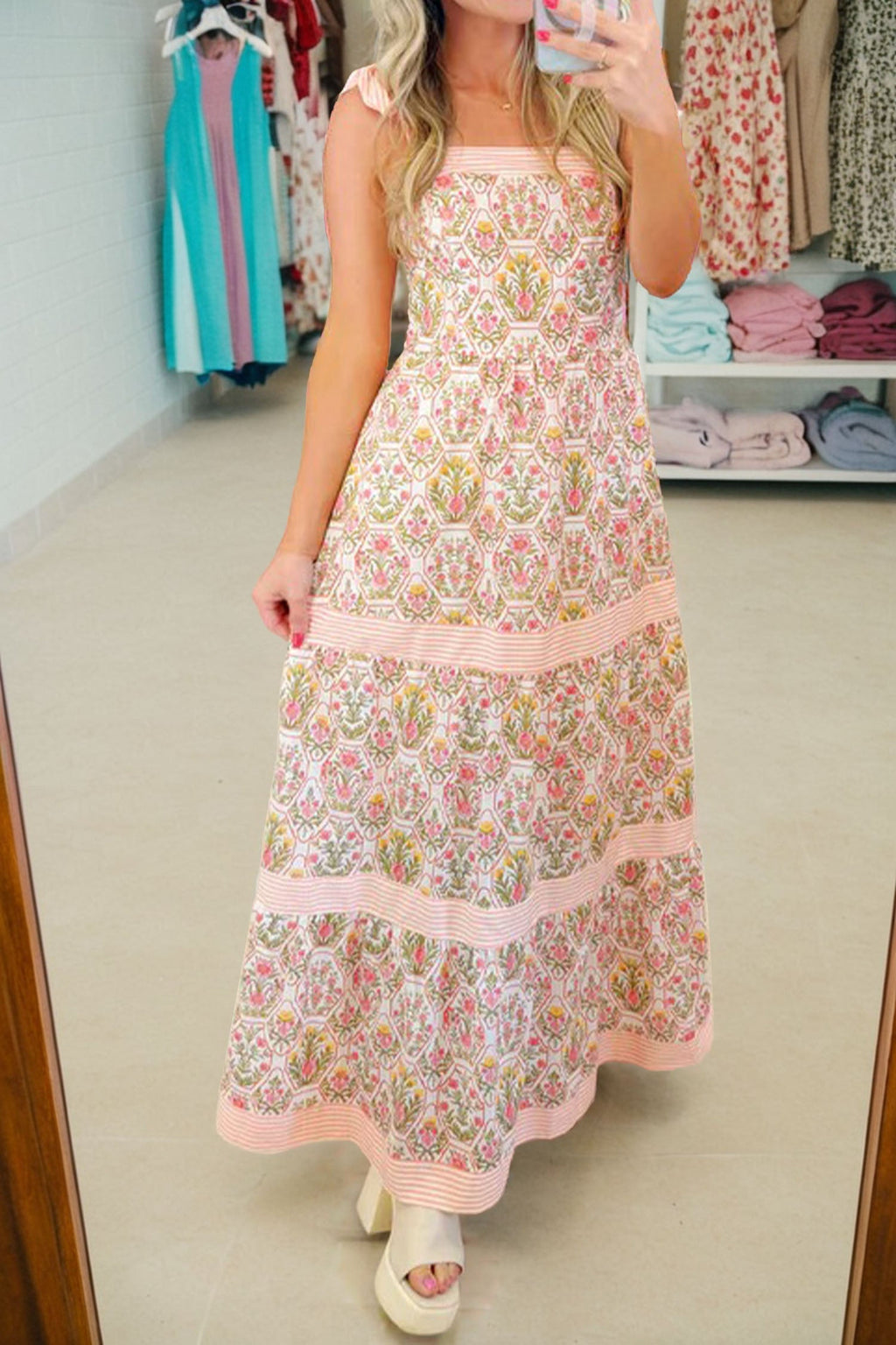Pink Geometric Floral Print Striped Patchwork Detail Sleeveless Dress