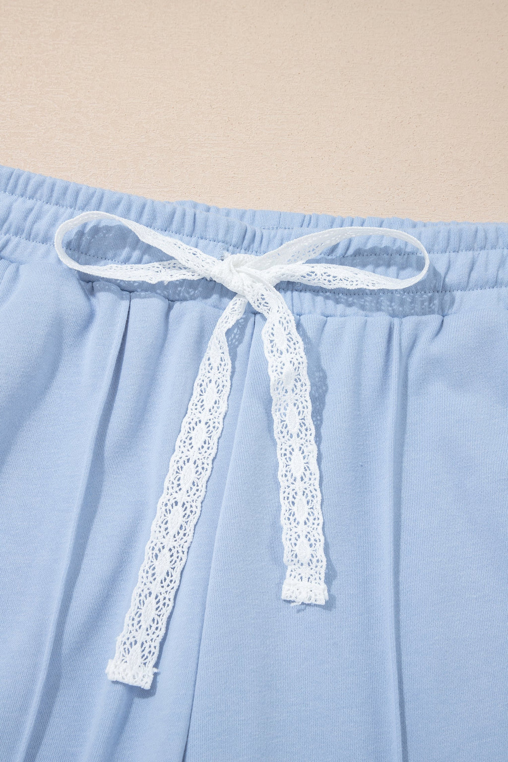 Sky Blue Lace Accent Zipped Collar Short Sleeve Top Sweatpants Set