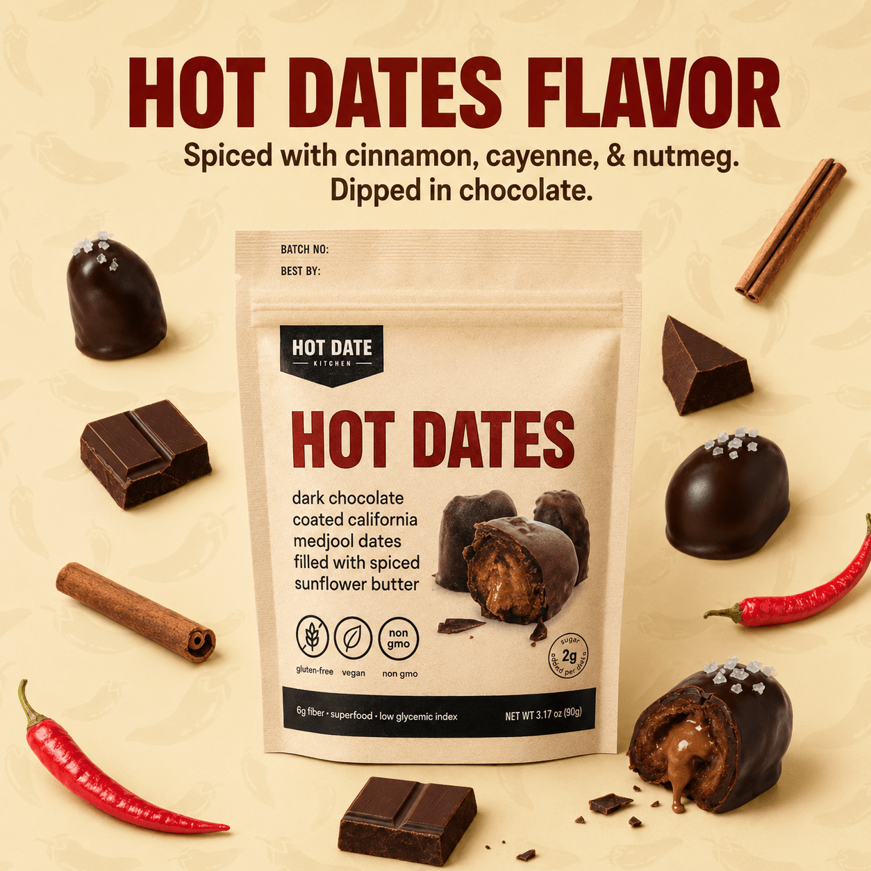 Spiced Dark Chocolate Stuffed Medjool Dates - 4 Pack