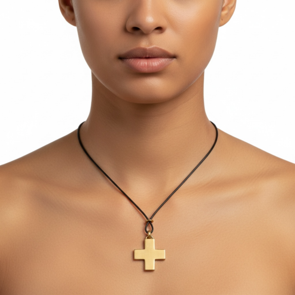 Matte Gold Cross Pendant And Black Linen Cord Criss Cross Design Necklace