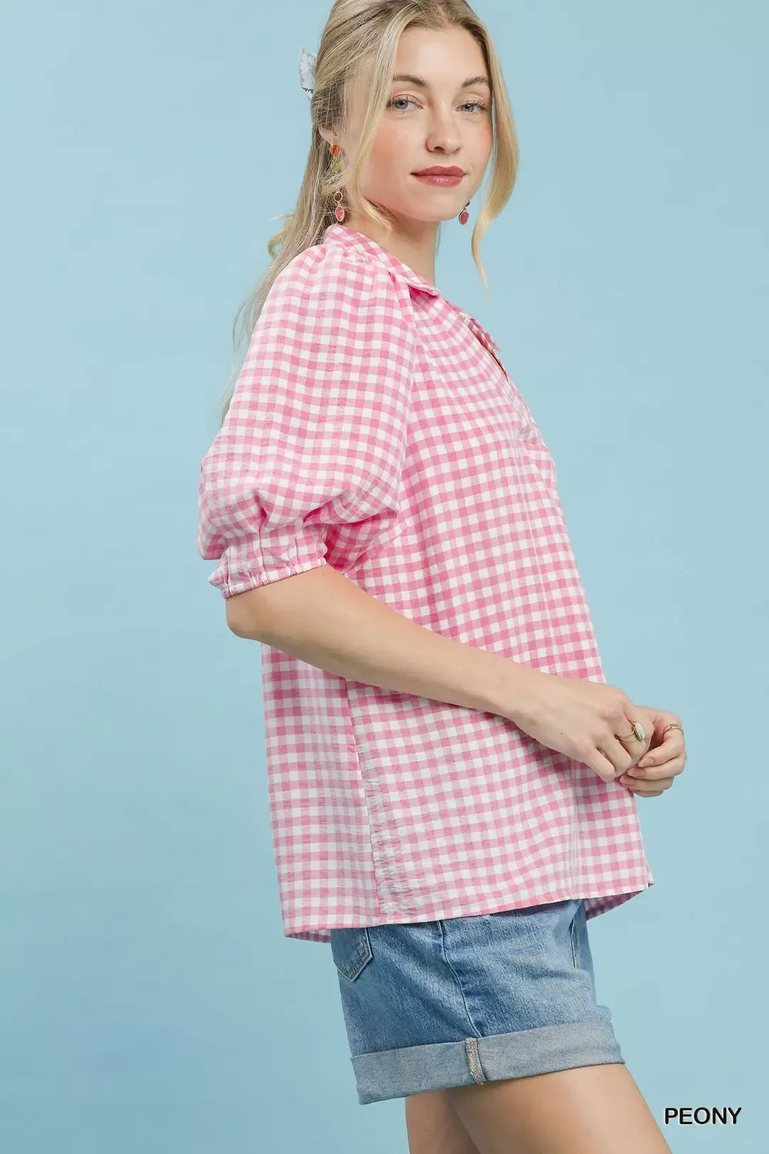 Umgee Gingham Puff Sleeve Collared Blouse in Pink