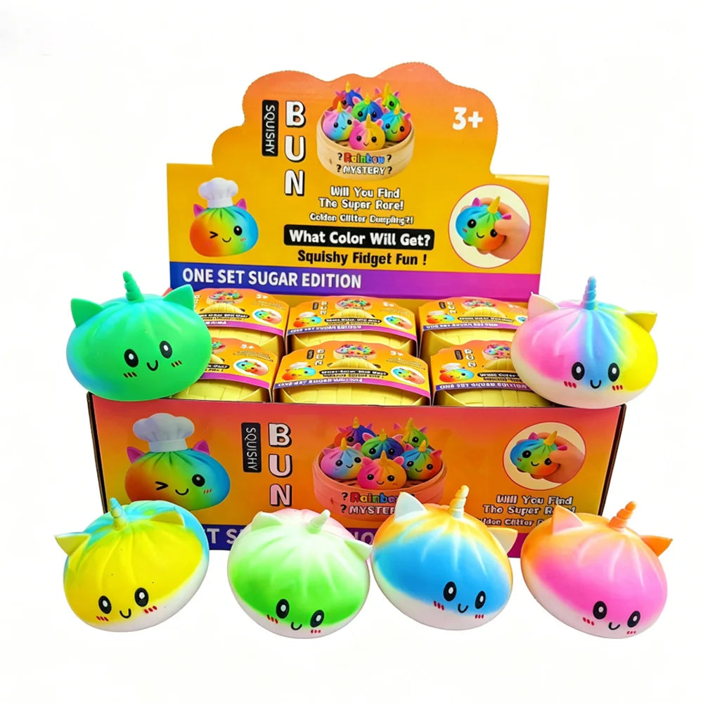 New Viral Large Rainbow Unicorn Bun Squishy Toy, Blind Box, Simulated Soup Dumpling Vent Fidget Toy for Sensory Stress Relief
