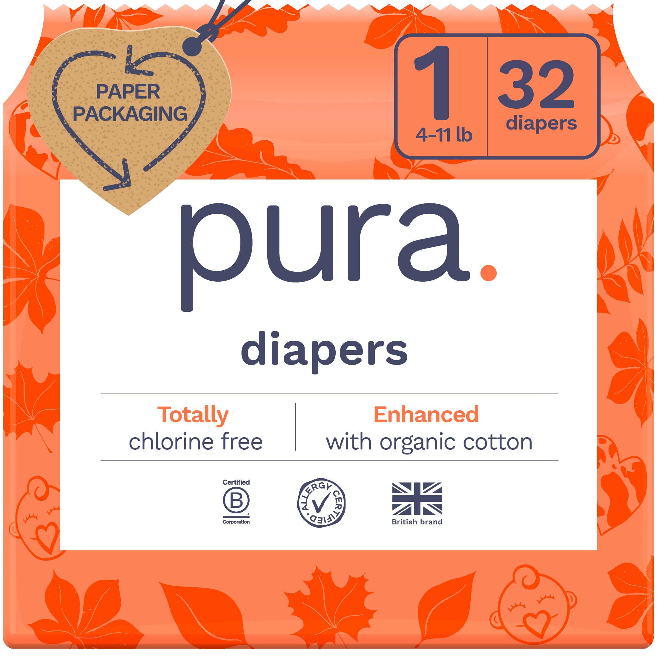 Pura Size 1 Eco-Friendly Diapers (4-11lbs) Hypoallergenic Soft Organic Cotton Comfort Sustainable Wetness Indicator Allergy UK Certified. Newborn 1 Pack of 32 Baby Diapers