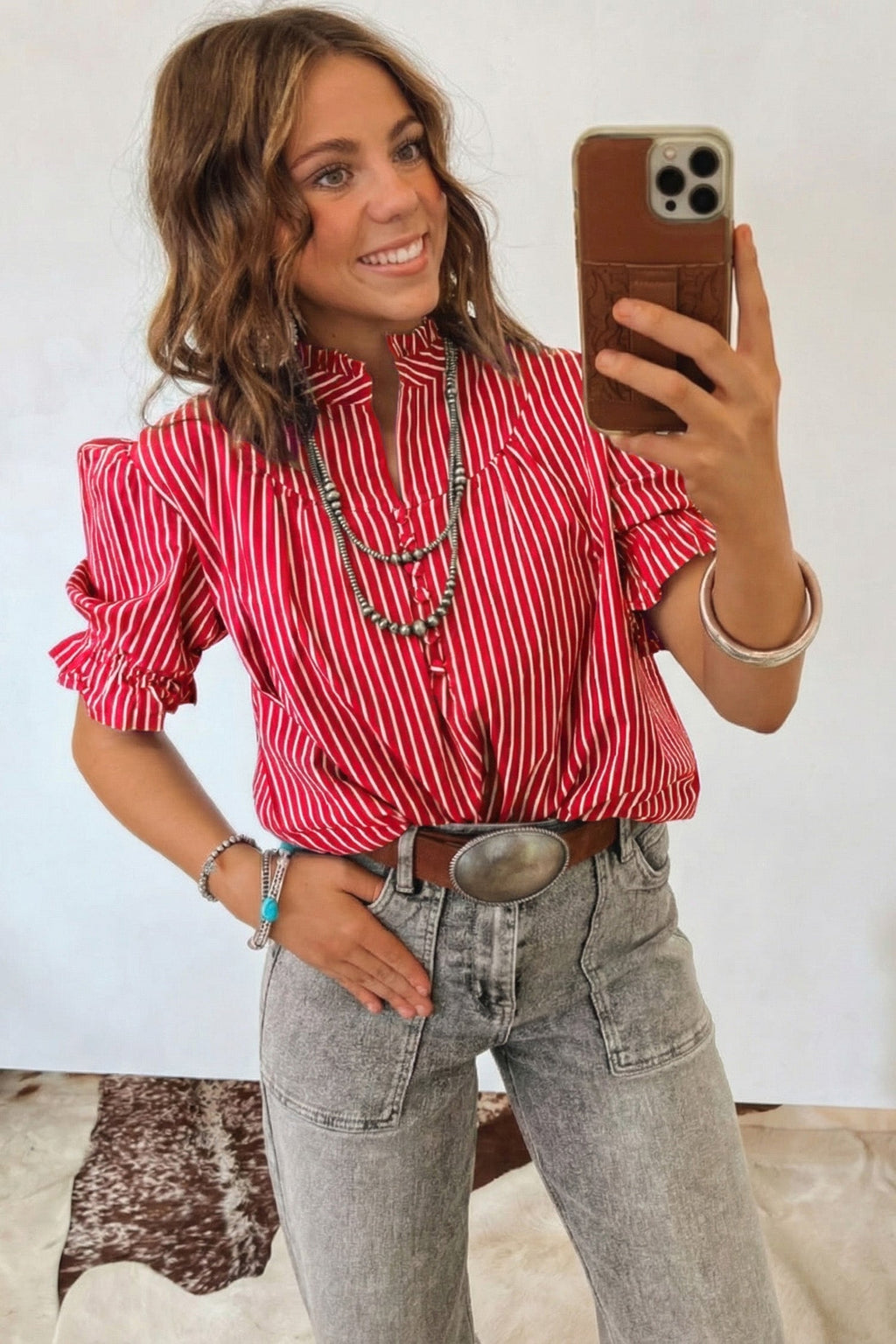 Red Stripe Ruffled Short Puff Sleeve Button Front Blouse
