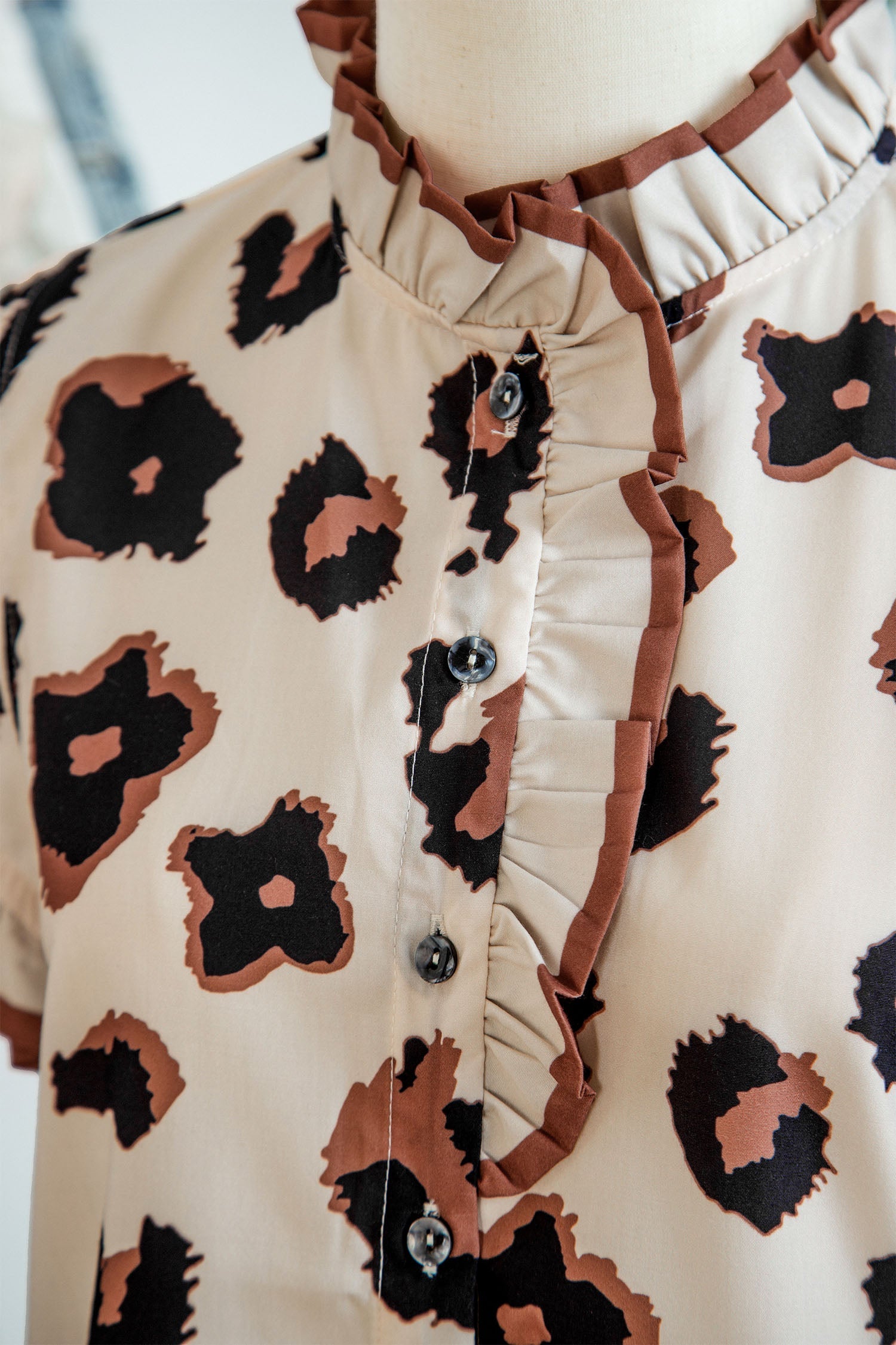 Khaki Leopard Printed Ruffle Sleeve Summer Blouse