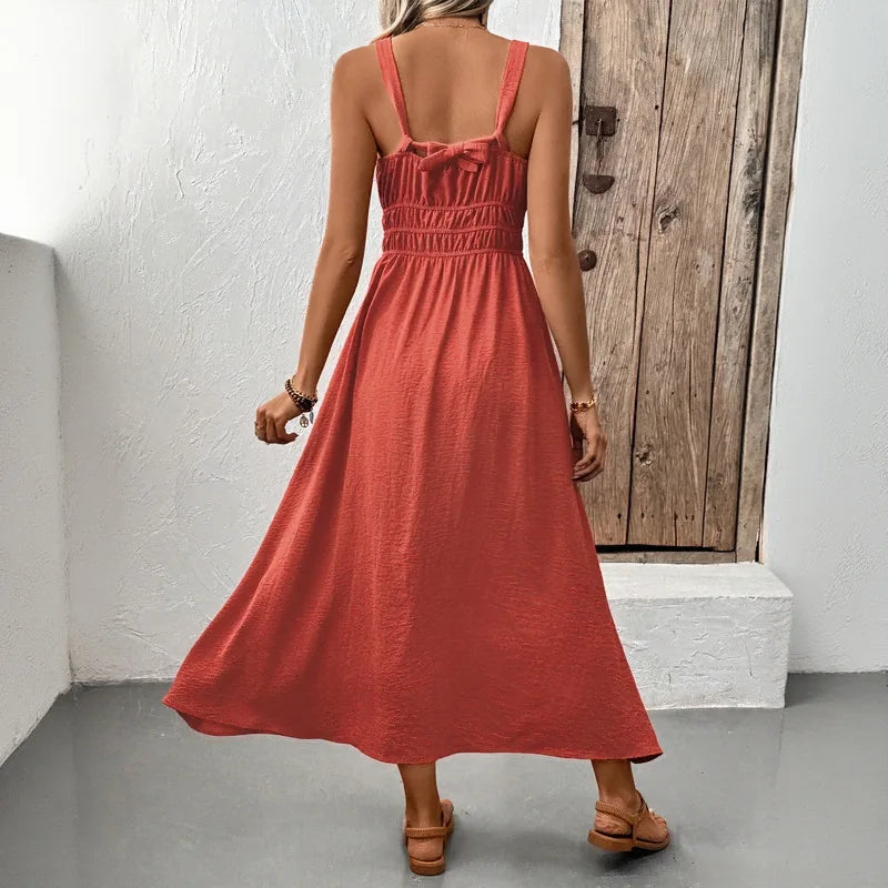 Women Dresses Solid Dress Pleated Camisole V Neck Sleeveless Ankle Length Cinched Empire Waist Casual Loose Fit 2026 Summer