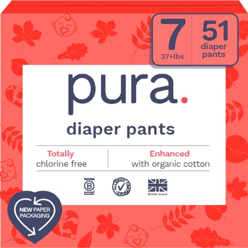 Pura Size 7 Diaper Pants - 3 x 17 Diapers 51 Total (37+lbs) Pull Up Disposable Baby Diapers for Sensitive Skin Hypoallergenic Fragrance Free Totally Chlorine Free Easy-Tear Sides White