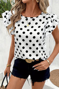 White Polka Dot Print Ruffled Short Sleeve Blouse