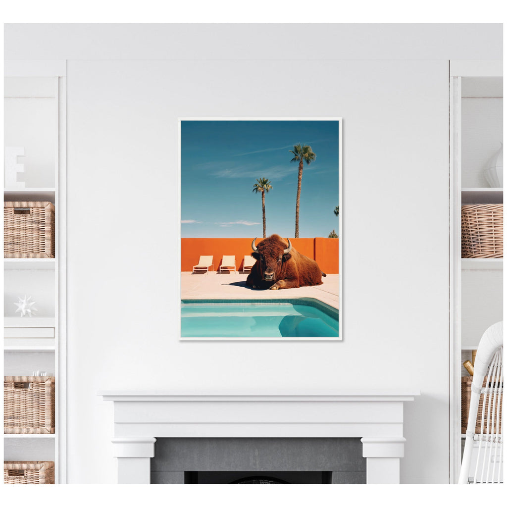 Sylvie Bison Chilling by the Pool in California Framed Canvas by Michael Schauer