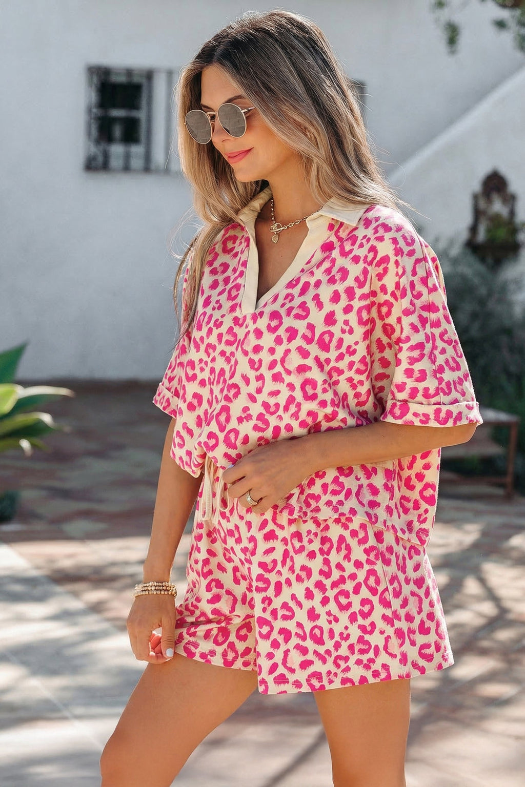 Rose V Neck Collar Leopard Printed 2pcs Short Set