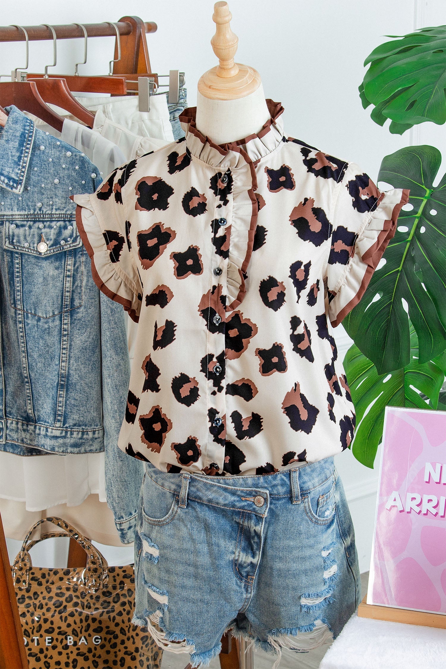Khaki Leopard Printed Ruffle Sleeve Summer Blouse