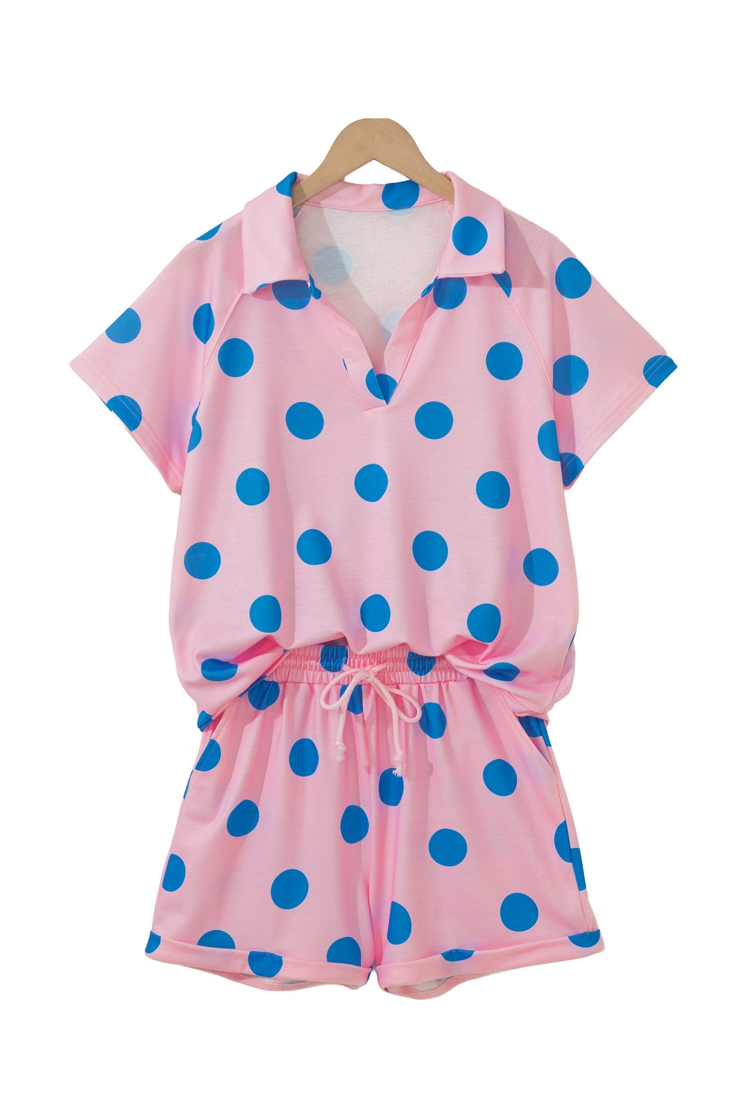 Pink Polka Dot Print V Neck Tee Short Set