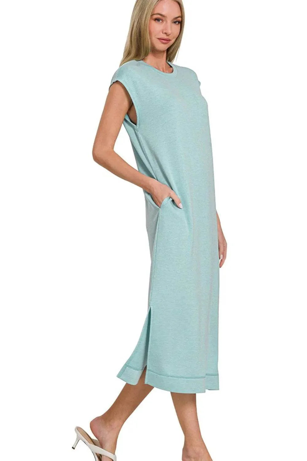 Zenana French Terry Sleeveless Round Neck Midi Dress