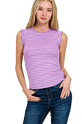 Zenana Ribbed Ruffle Trim Sleeveless Stripe Top
