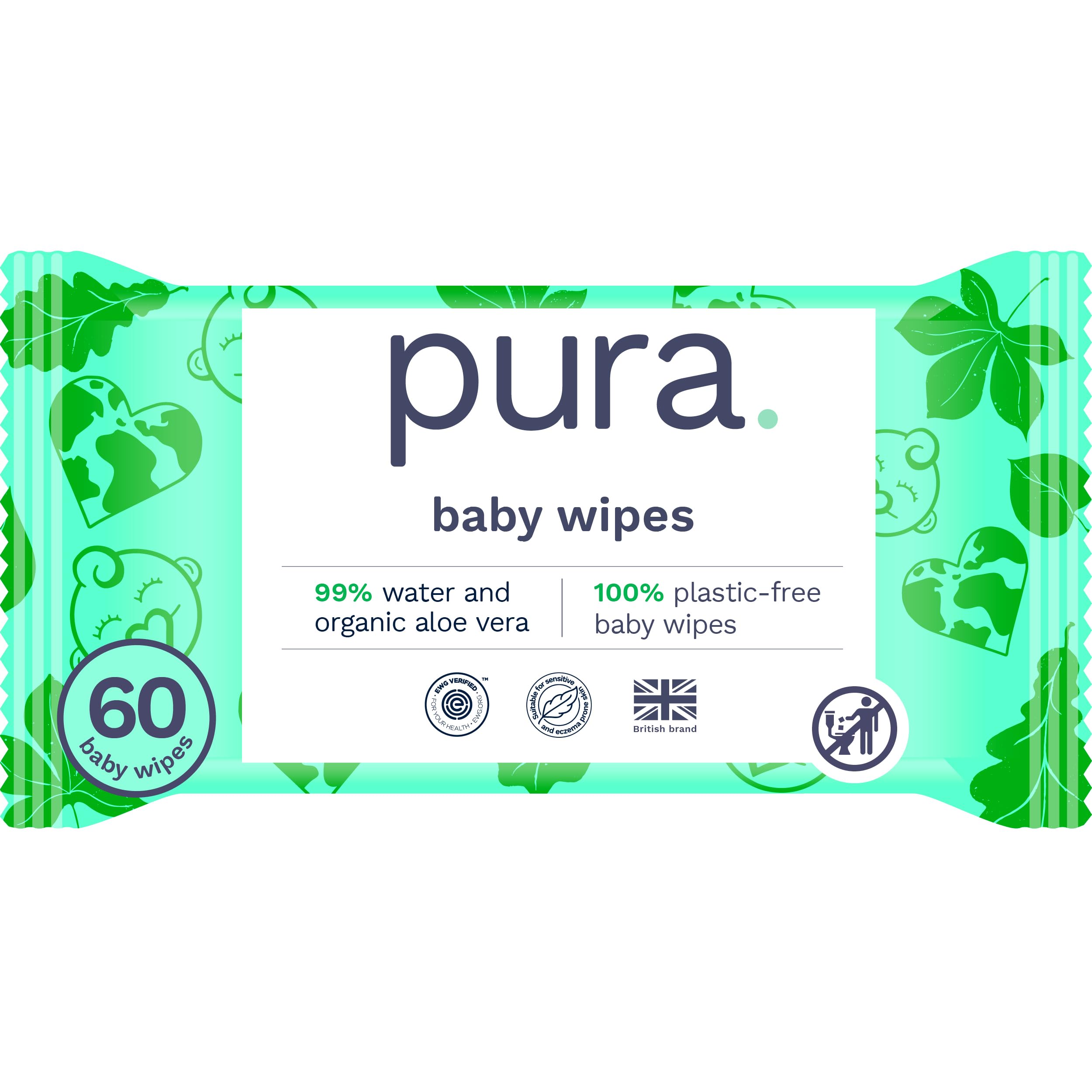 Pura Natural Sensitive Baby Wipes 99% Water Unscented & Hypoallergenic Suitable for Sensitive & Eczema-prone Skin Fragrance Free & Hypoallergenic EWG Verified 1 Pack of 60 Wet Wipes