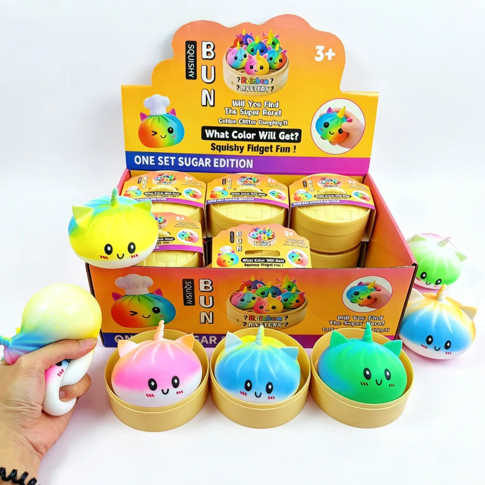 New Viral Large Rainbow Unicorn Bun Squishy Toy, Blind Box, Simulated Soup Dumpling Vent Fidget Toy for Sensory Stress Relief