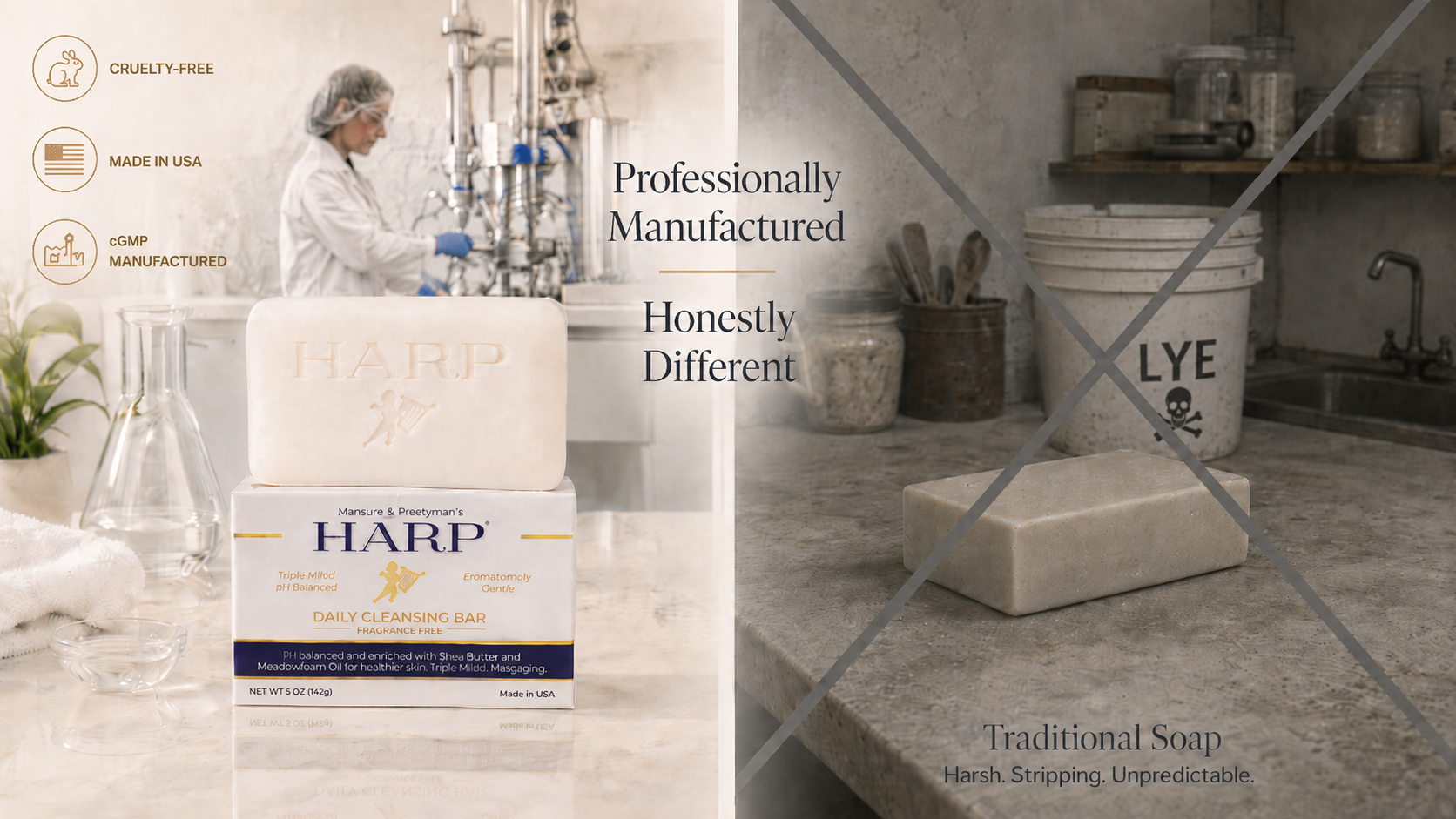 HARP® FRAGRANCE FREE Body Wash Bar – pH Balanced (5.0–6.0) Syndet Cleanser, No Lye, Non-Comedogenic, Gentle for Sensitive & Dry Skin, With Shea Butter & Borage Oil. 5oz Bars