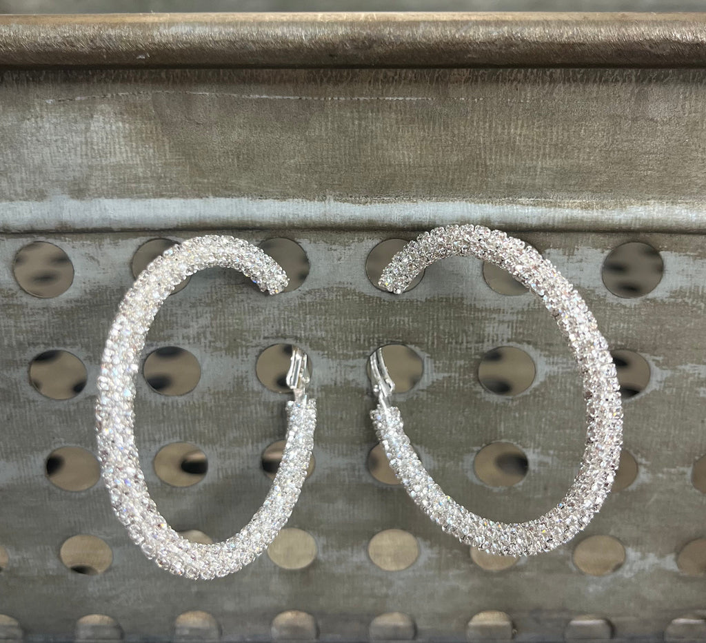 Clear Sparkle Medium Silver Hoops