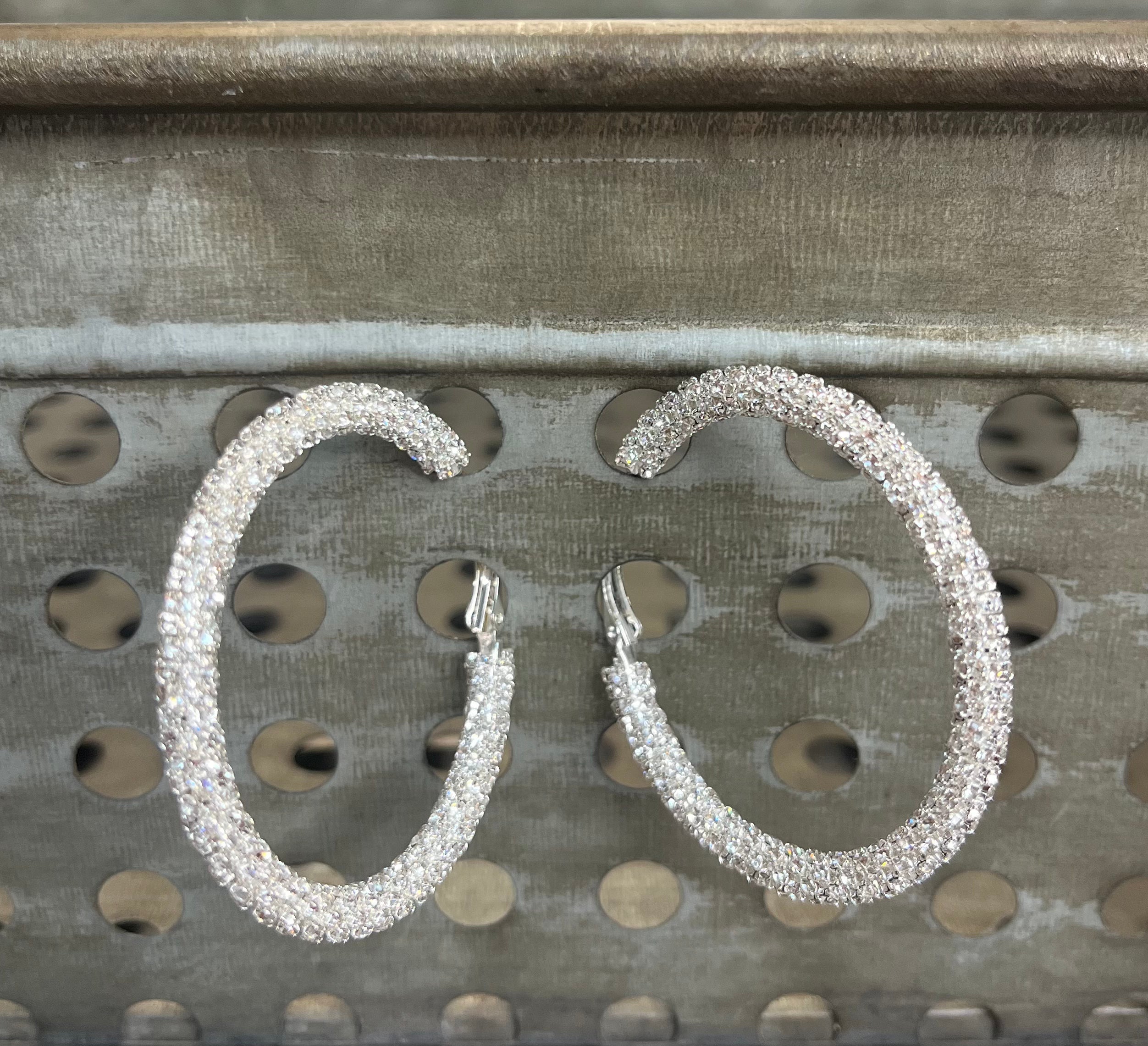 Clear Sparkle Medium Silver Hoops
