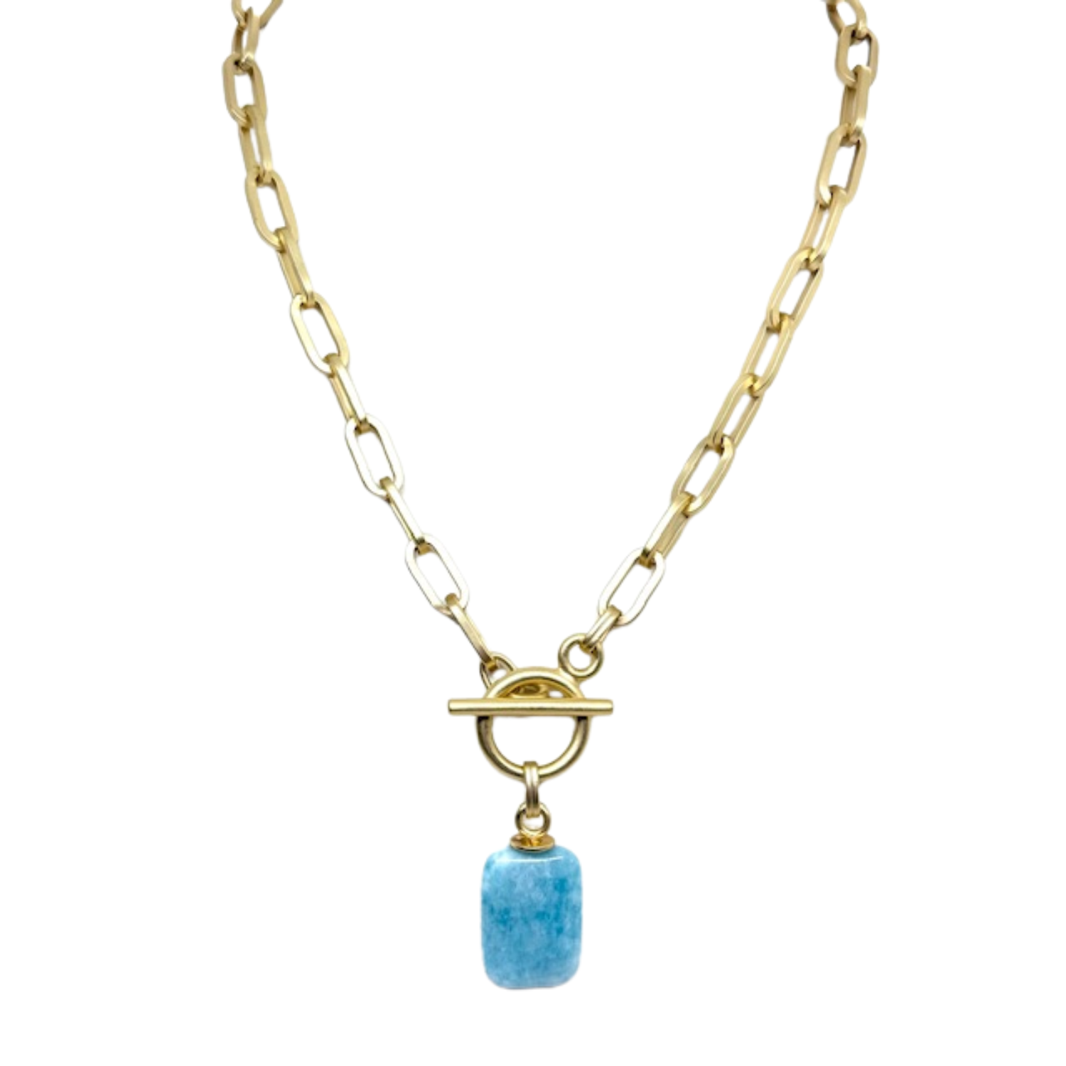 Rectangle Larimar Pendant on Matte Gold Paperclip Chain