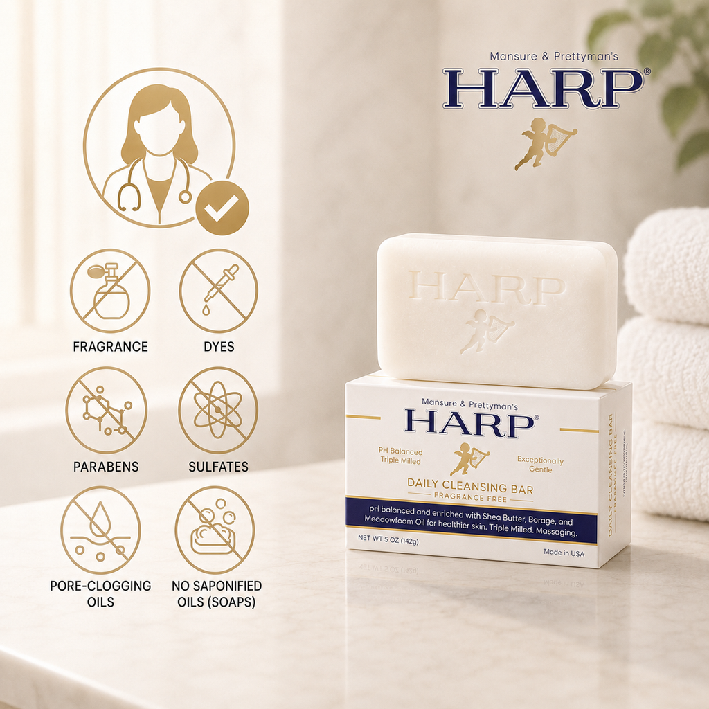 HARP® FRAGRANCE FREE Body Wash Bar – pH Balanced (5.0–6.0) Syndet Cleanser, No Lye, Non-Comedogenic, Gentle for Sensitive & Dry Skin, With Shea Butter & Borage Oil. 5oz Bars