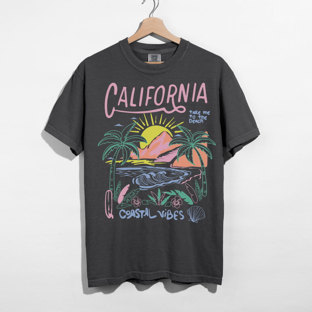 California Coastal Vibes Graphic Tee – Beach Sunset Shirt