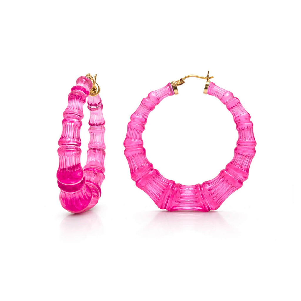 Electric Pink Lucite Bamboo Hoop Earrings