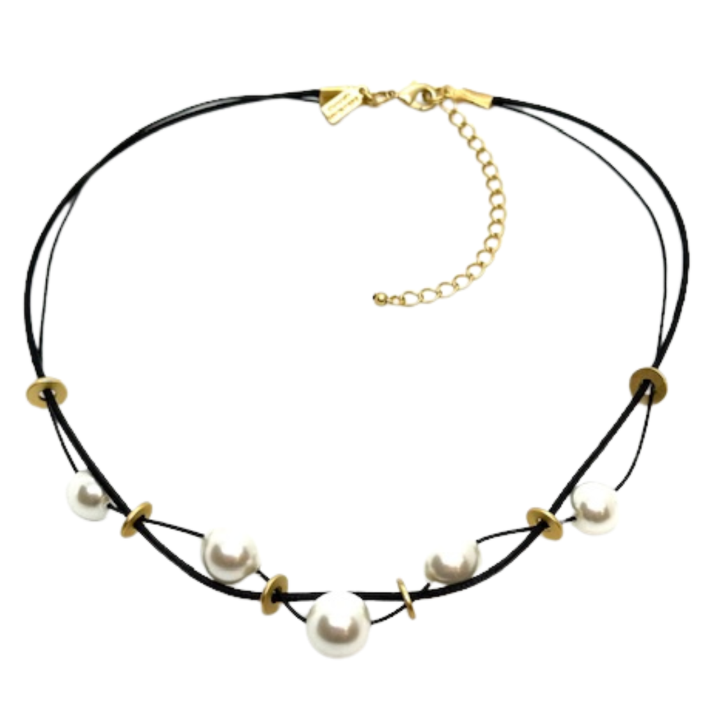White Pearl And Black Linen and Leather Disk Necklace