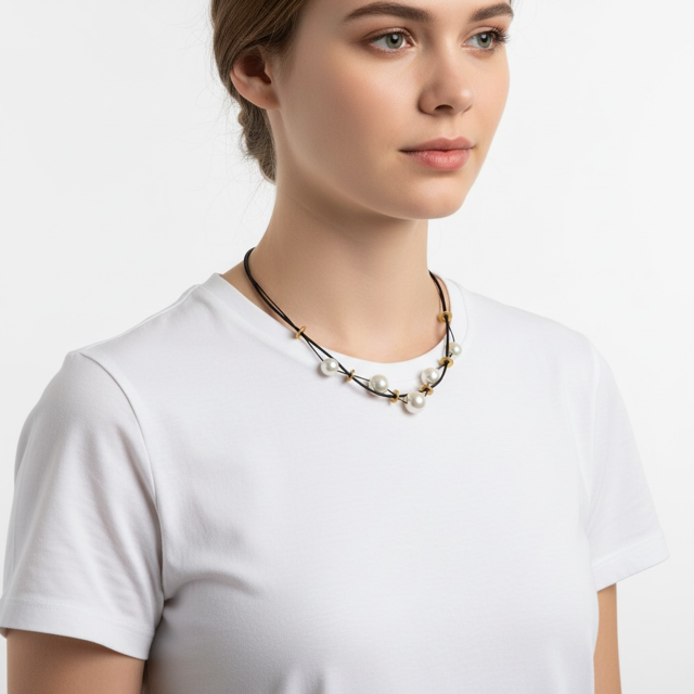 White Pearl And Black Linen and Leather Disk Necklace
